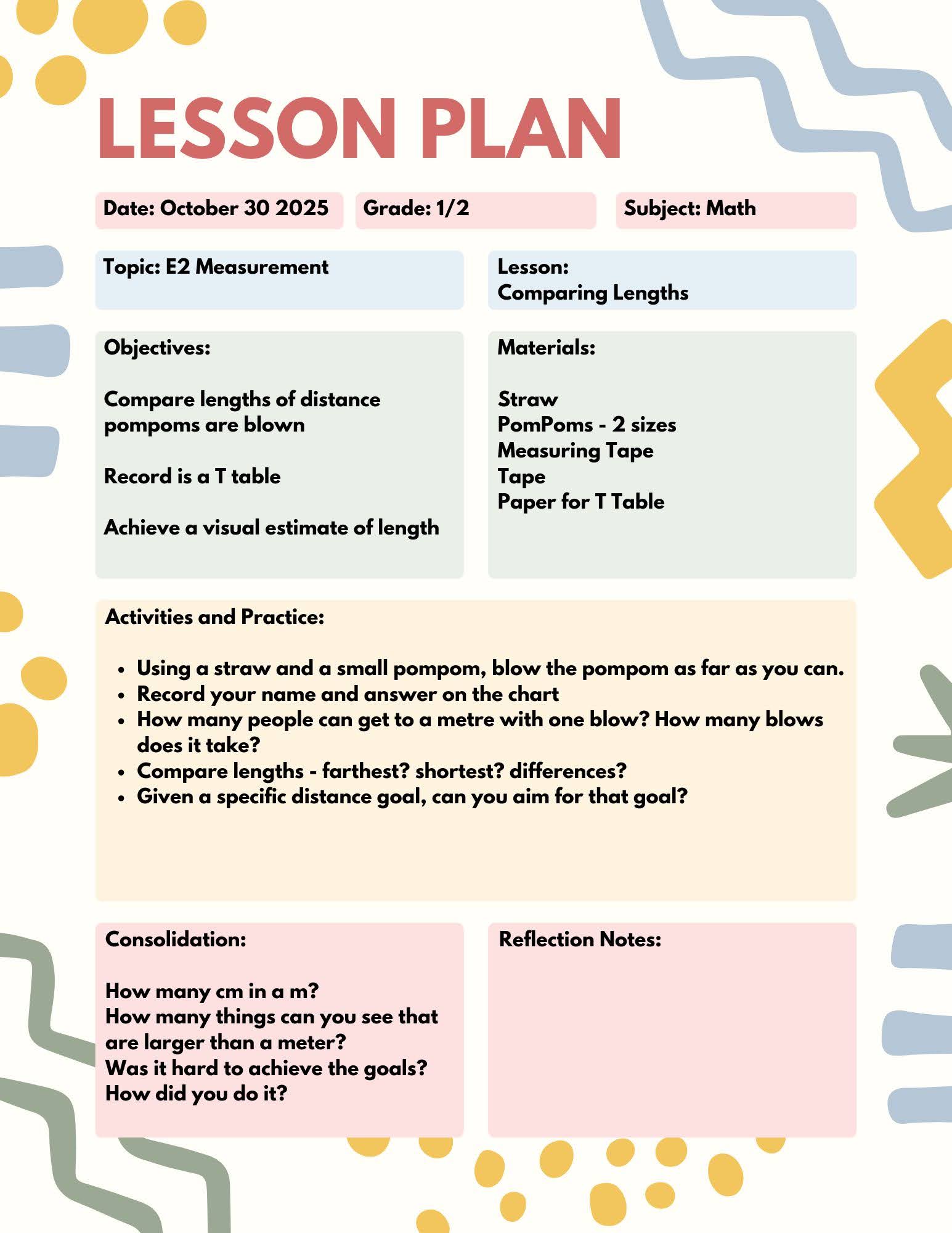 Primary math lesson plan focused on comparing lengths